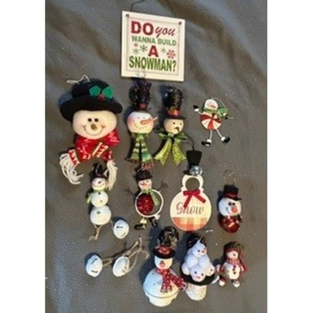 Snowman Christmas Ornament Lot Wooden Sign Jingle Bells Glitter Holiday Decor